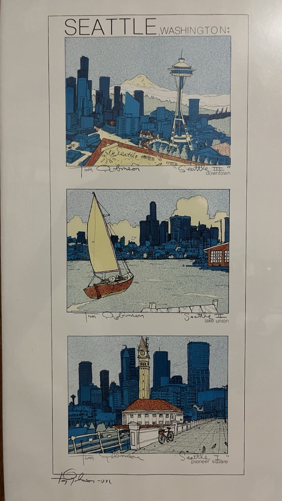 Tim Robinson Print SEATTLE Signed Space Needle Lake Union Downtown PioneerSquare