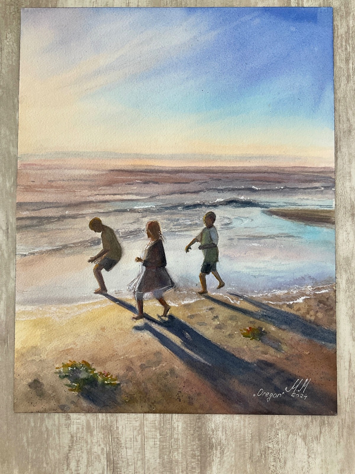 “Children at Sunset – Oregon Coast” – Original Watercolor Painting 11×14 in