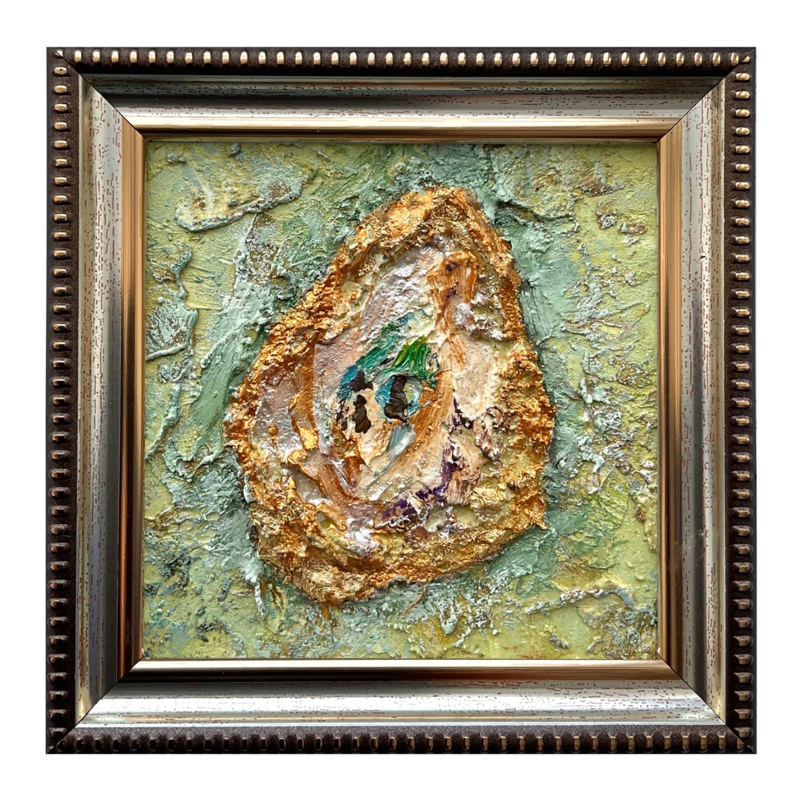 Oyster2 Shell Original Painting Mixed Media Impasto Textured Gold Leaf 4x4in OS