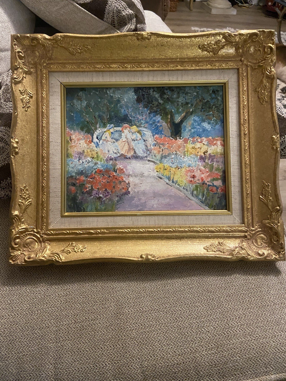 Framed Oil on Canvas Painting 3 Girls In Flower Garden
