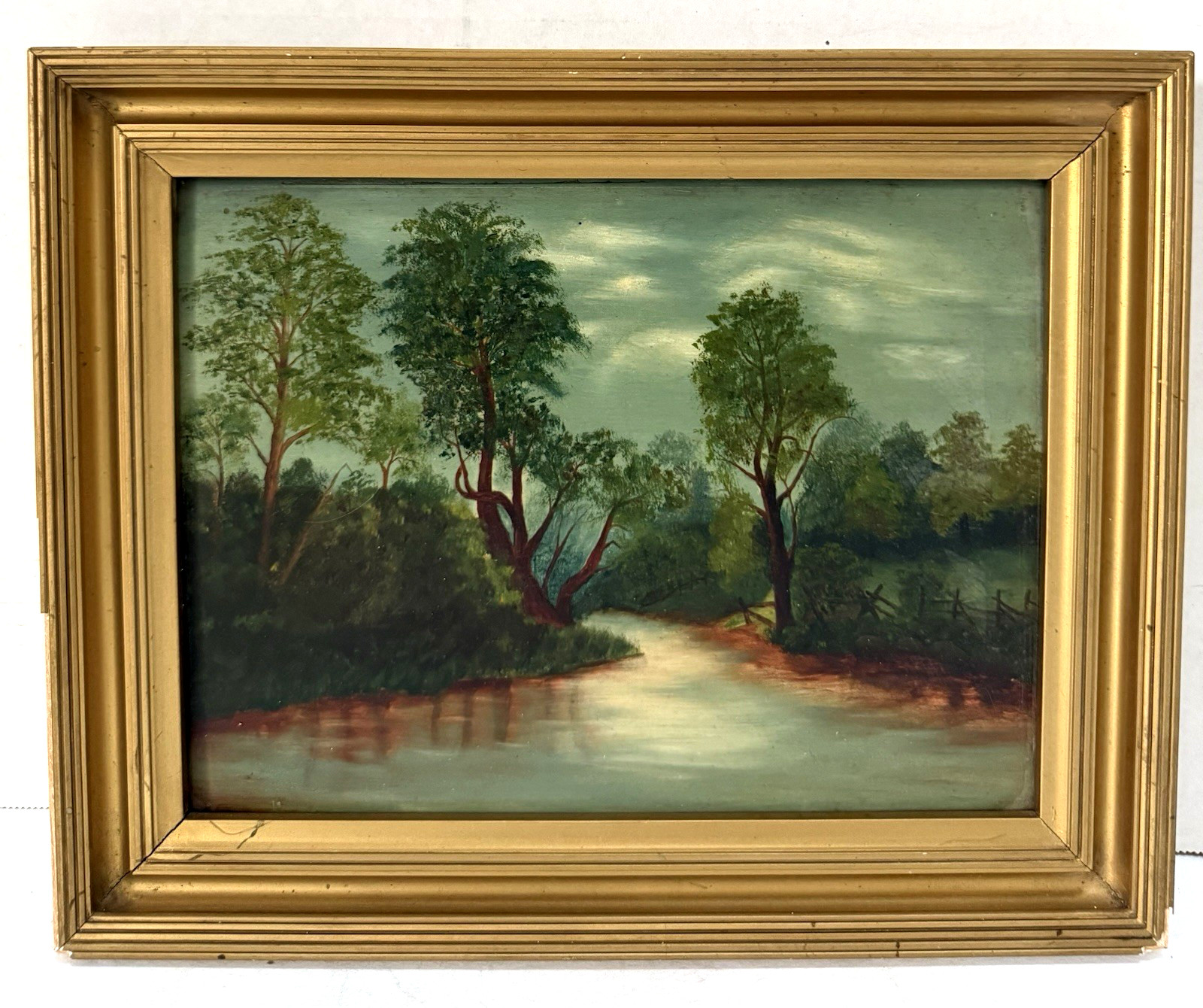 Vintage Art Painting Rural Landscape River Scene, Oil on Board, Framed, Unsigned