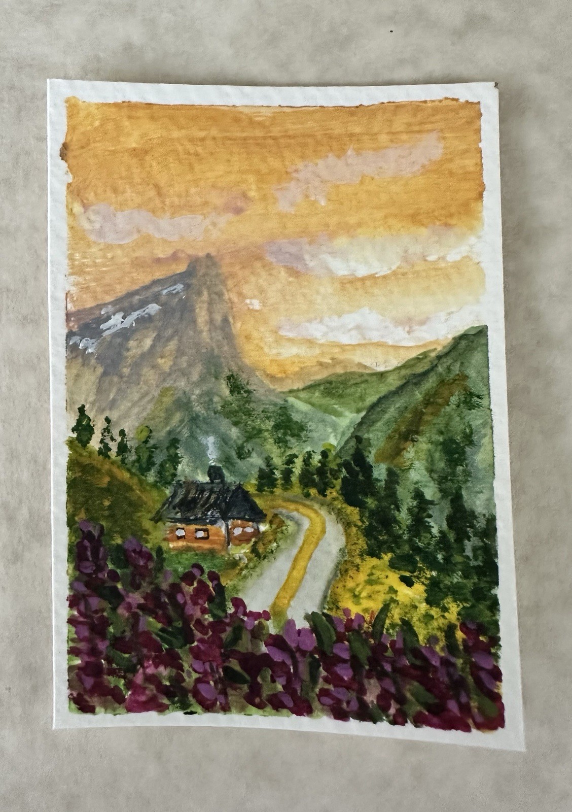Original ACEO Hand-Painted Landscape Mountains House Trees Sky Paper Unframed