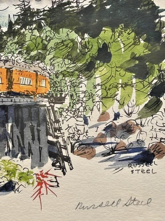 Original Watercolor Ink Painting SIGNED Russell Steel Train Railroad Narrow Gaug