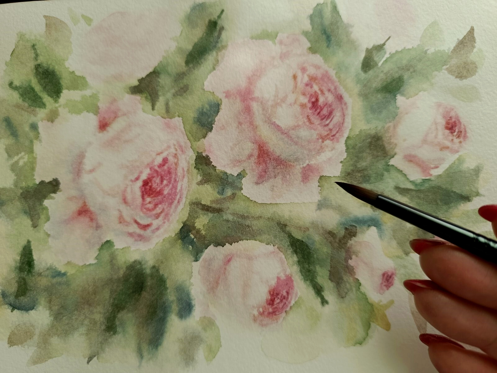 Flowers PINK ROSES Original Modern Artwork Painting Floral Landscape Art Gift A5