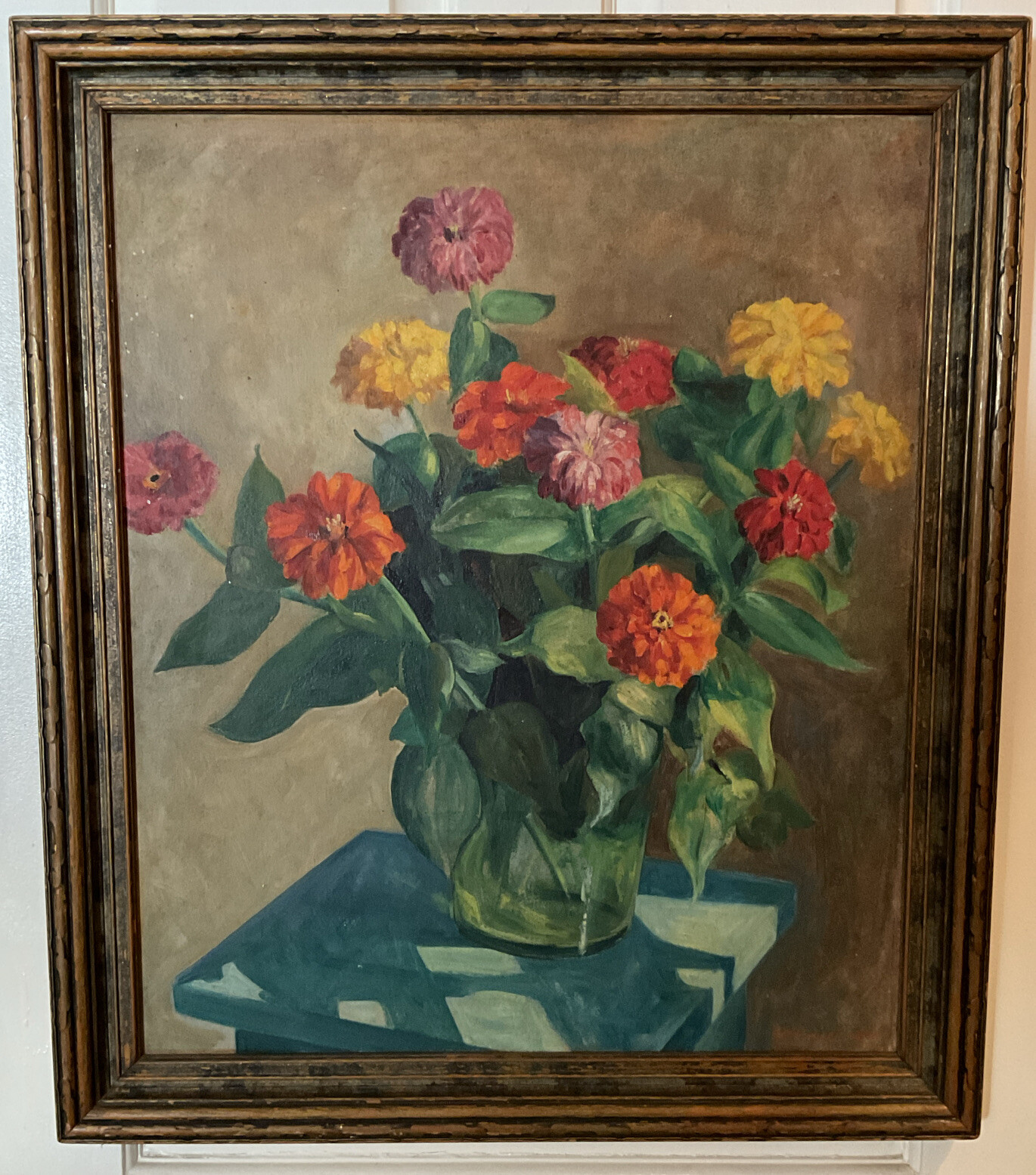 Lottie Meyer Catok Oil on Board – Still Life with Zinnias -Original Oil Painting