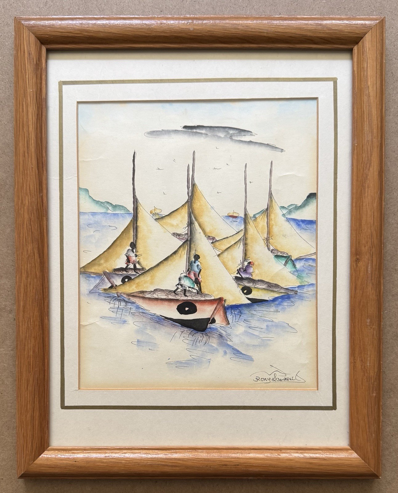 Rony Laurent Ink & Watercolor Haitian Ocean Fishing Boats Original Impressionist