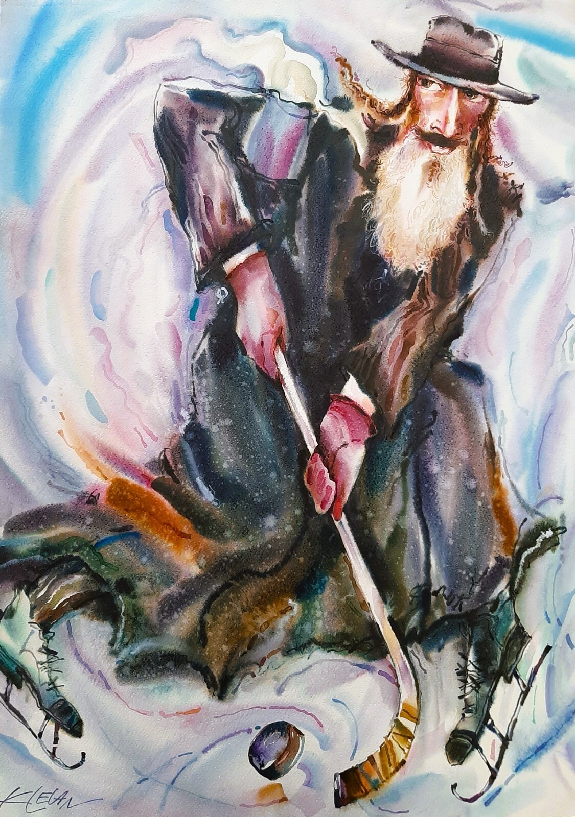 ALEXANDER KLEVAN (1950-), Huge Watercolor on Paper, Hockey Player, Signed