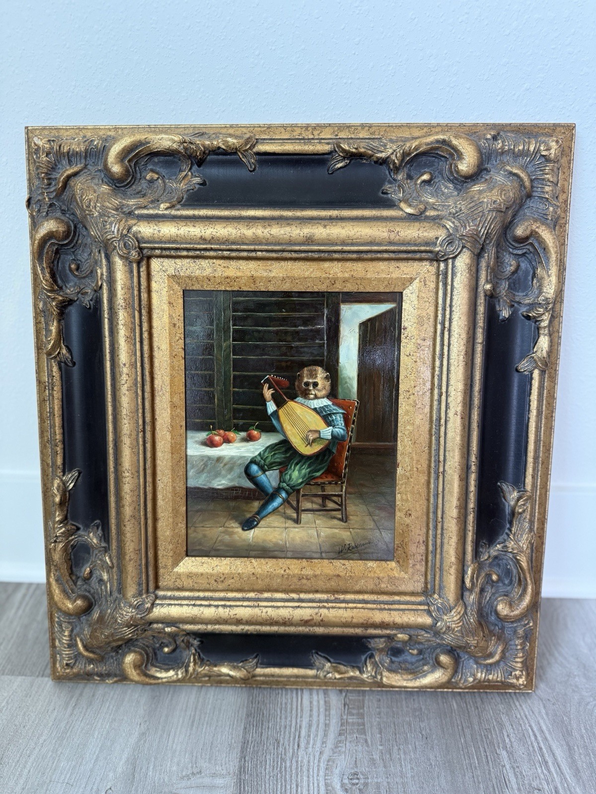 VNT oil painting depicting an anthropomorphic monkey playing a lute, Signed
