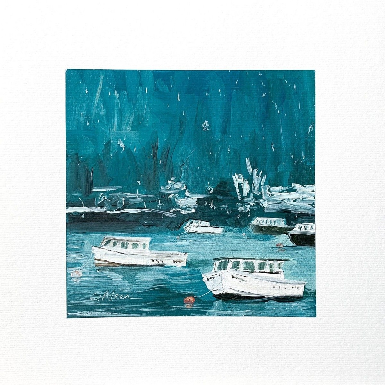 8×8 Maine Original Oil Painting Sailboats in a New England Harbor Winter Signed