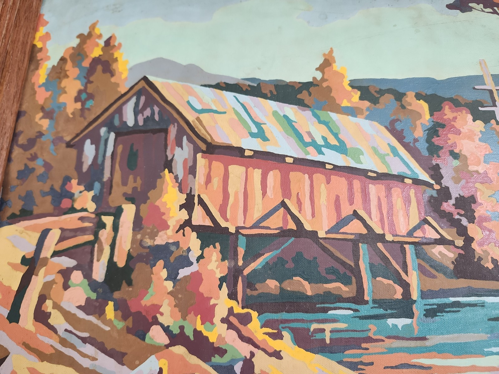 Vtg Wood Frame Fall Landscape Painting, Muted Colors, Covered Bridge in Autumn