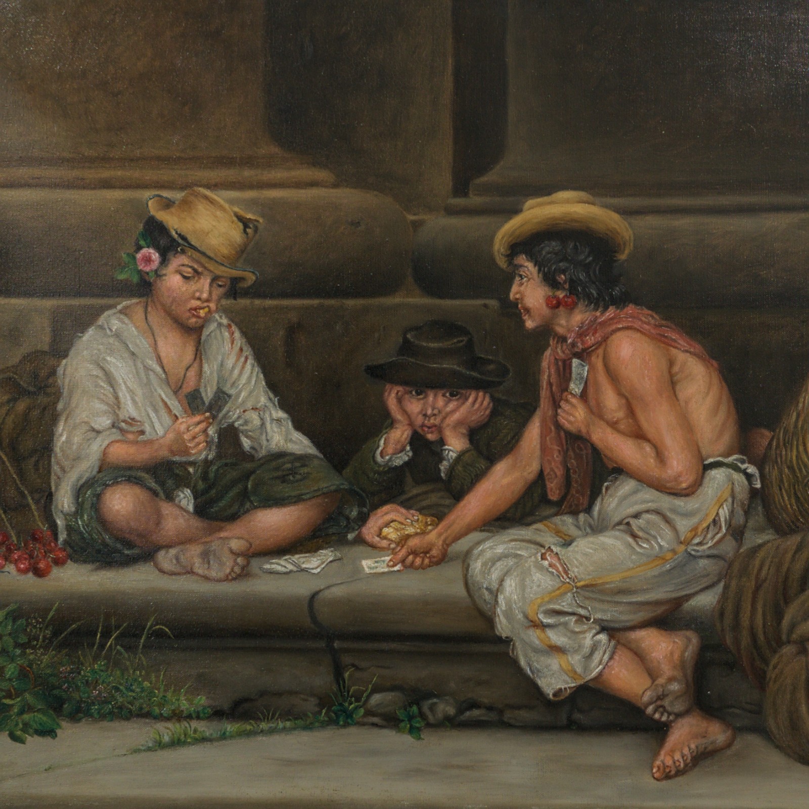 Antique European Genre Painting Children Playing Cards Italian Napolitan Style
