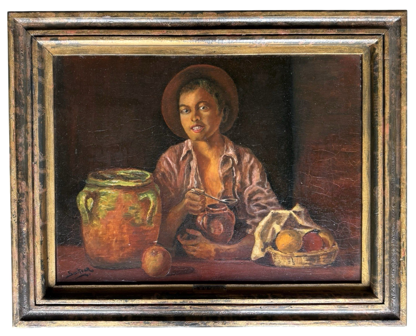 Simon Switzar Oil Painting Spanish Boy Stone Jar Dutch Artist Signed Framed
