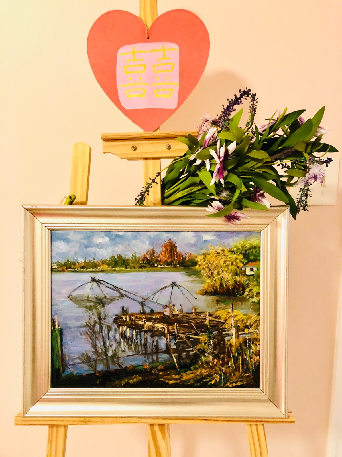 farm fishing acrylic&oil painting 16*12 inches on stretched canvas wood frame