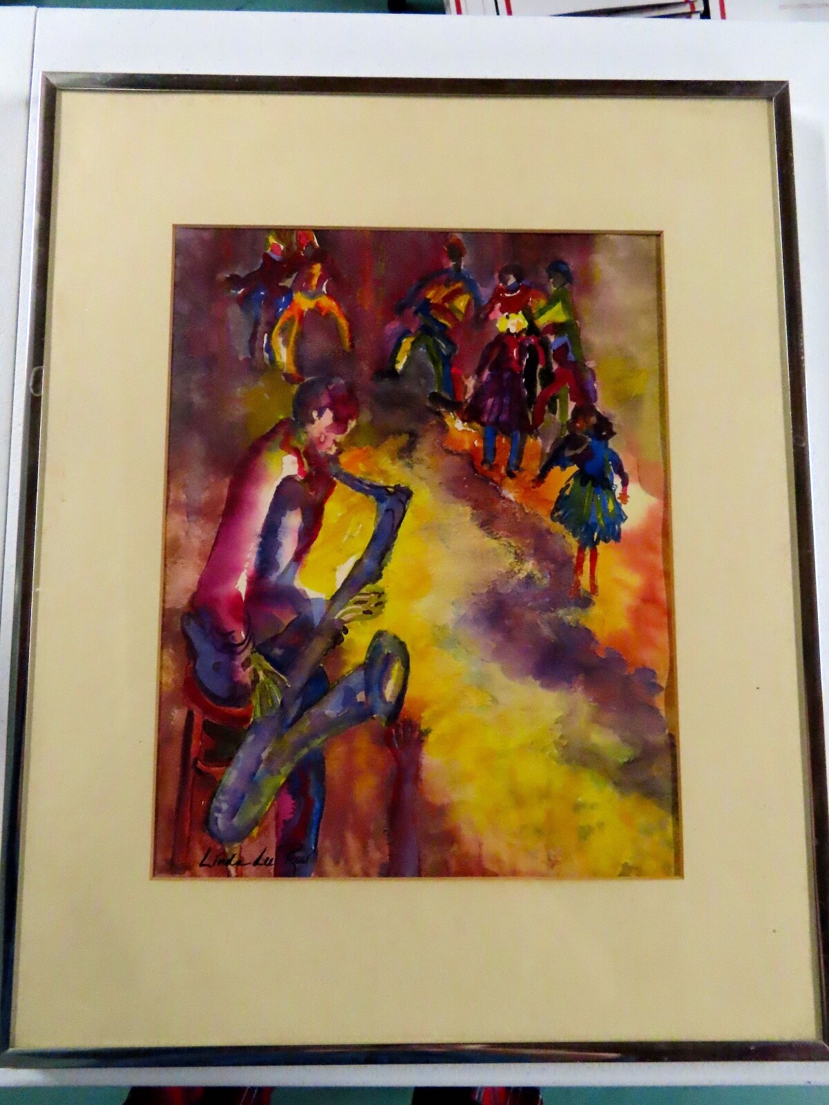 original watercolor painting framed artist Linda Lee Rossi of Jazz Musician 1999