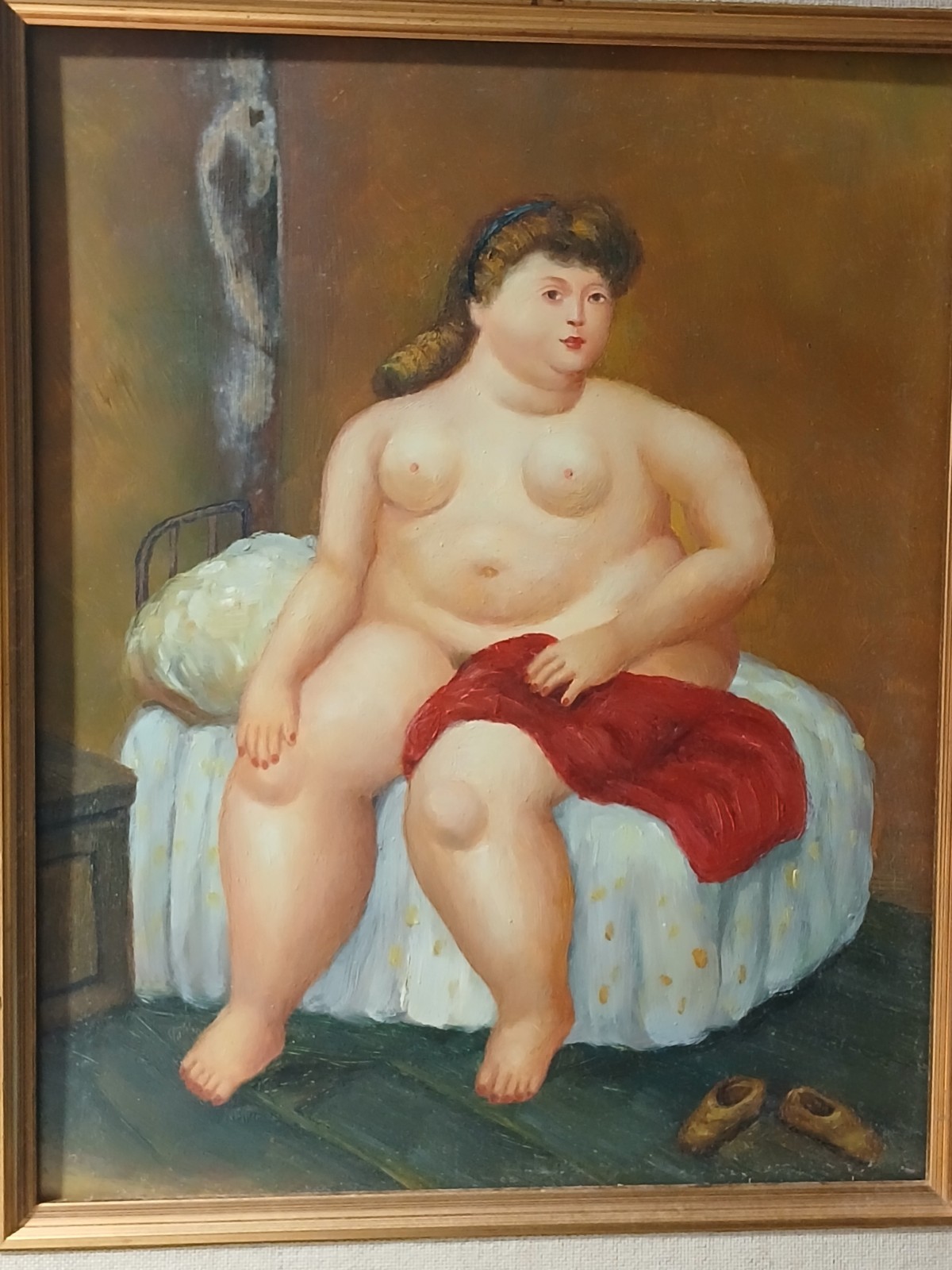 Vintage Oil Painting Nude Robust Women With Red Blanket Over Legs