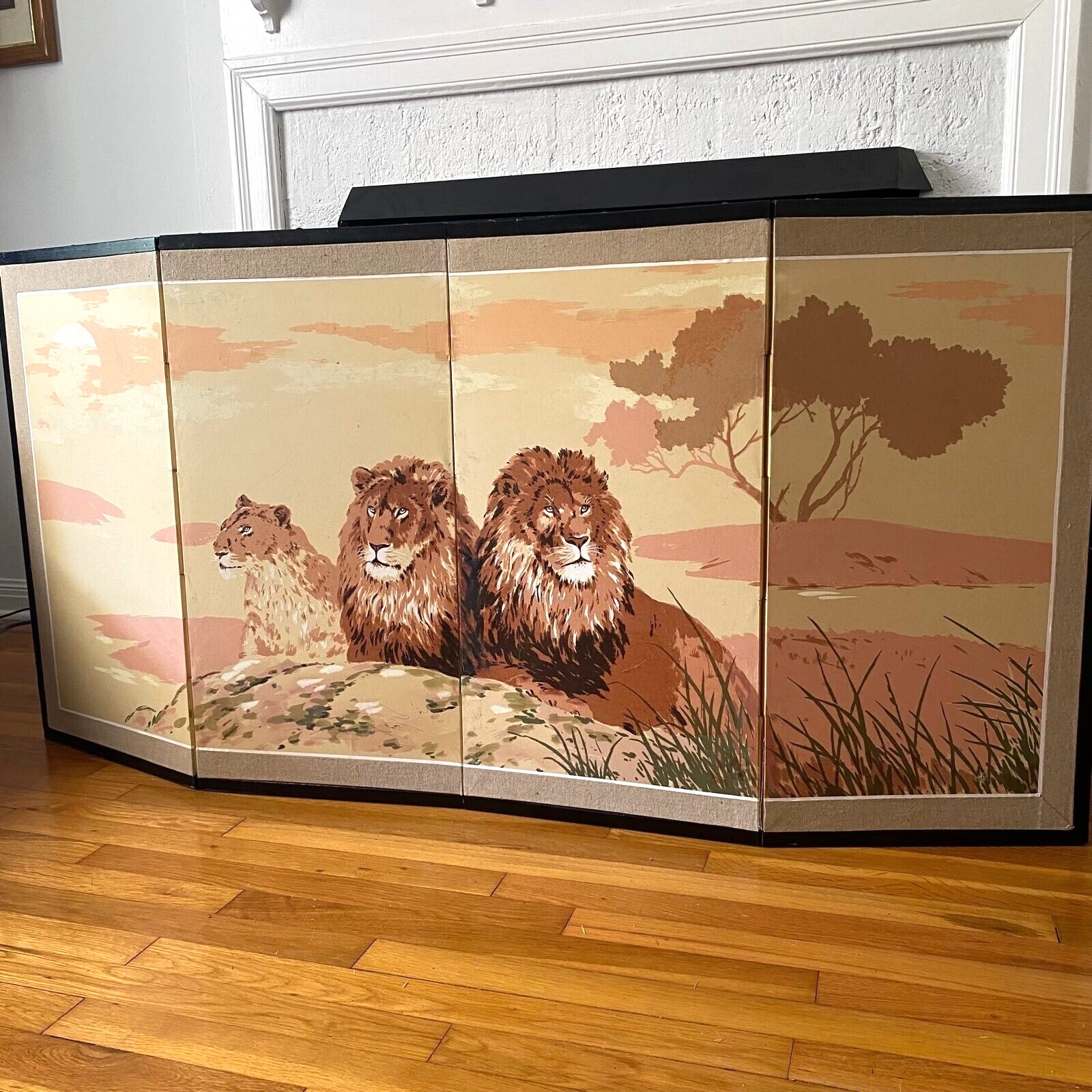 Rare Vintage Mid Century Lions 4 Panel Silk Screen Painting MCM Wall Hanging Art