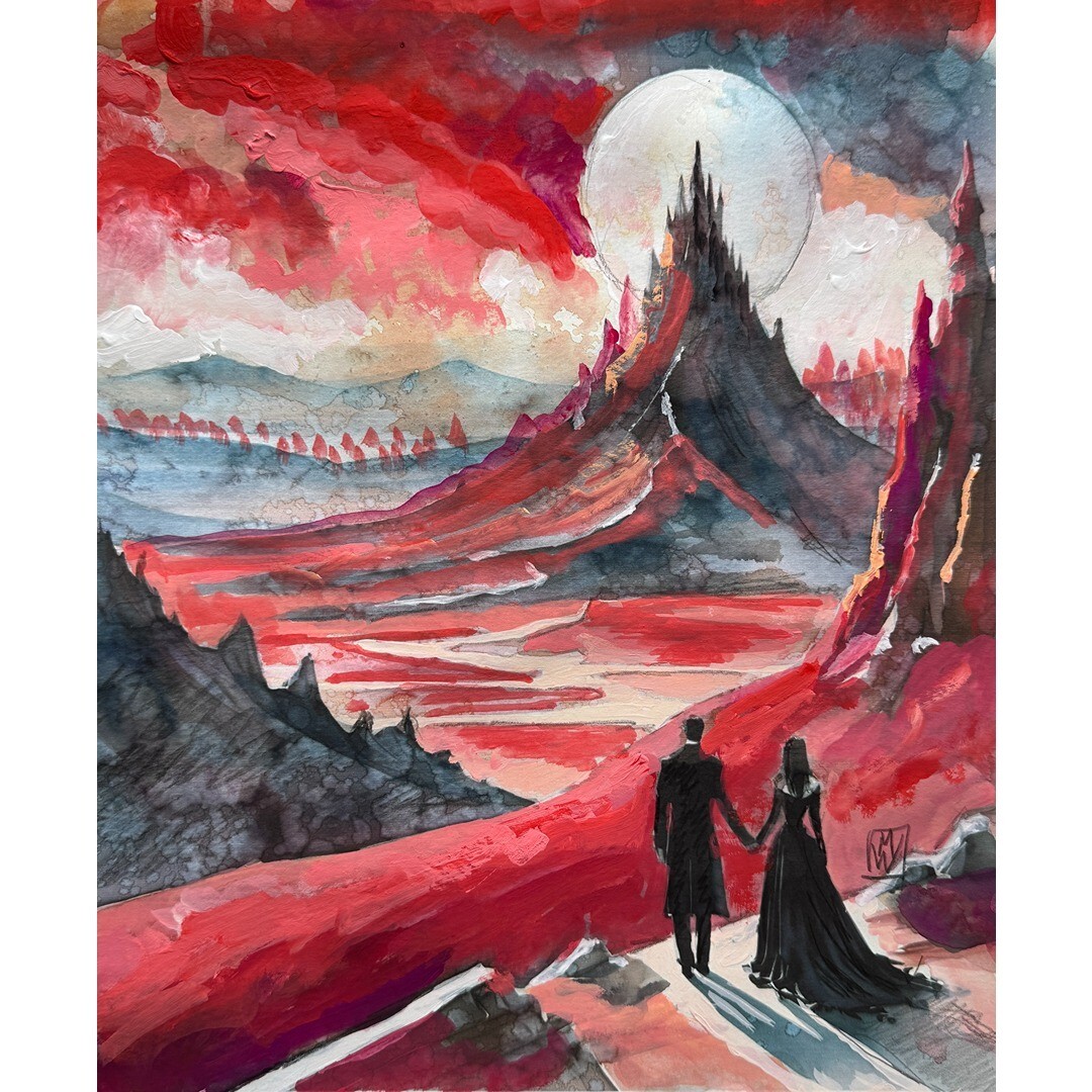 Original Watercolor Red Fantasy Landscape Gothic Couple Painting Art 11×14″