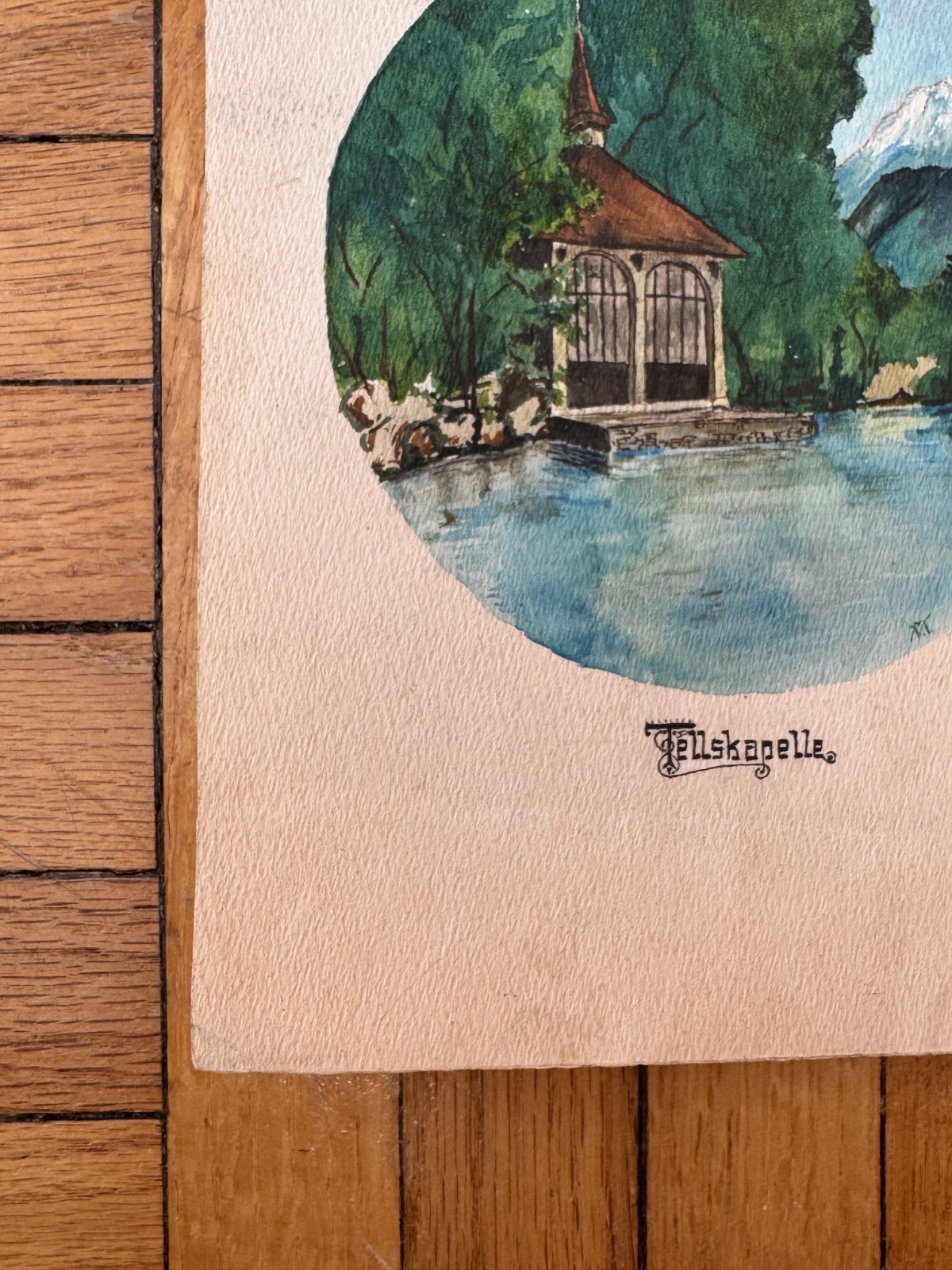 Antique 19th Cent Swiss Landscape Watercolor Painting Tellskapelle OOAK 6.5×9.5