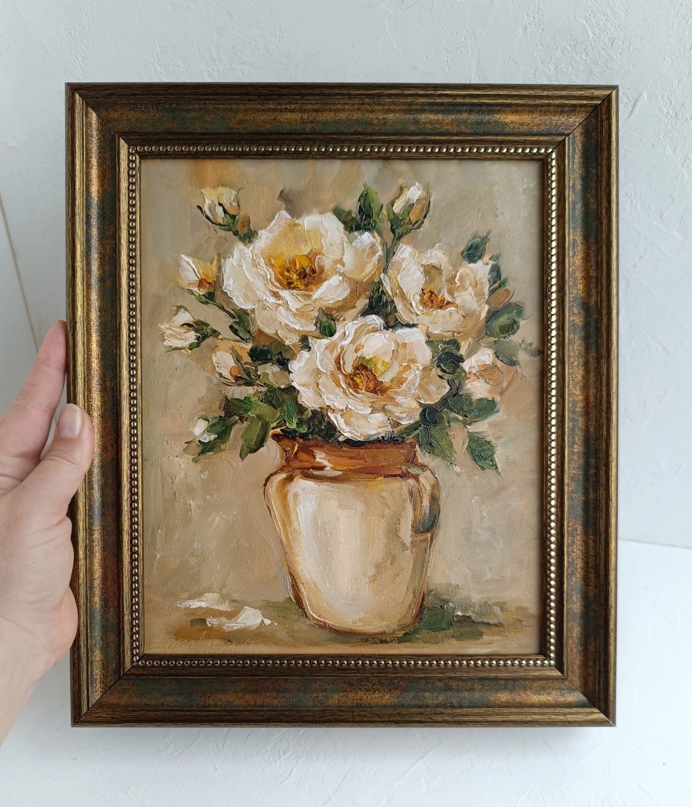 White Roses in Vase Original Oil Painting Framed Cottage Wall Decor 8×10 in