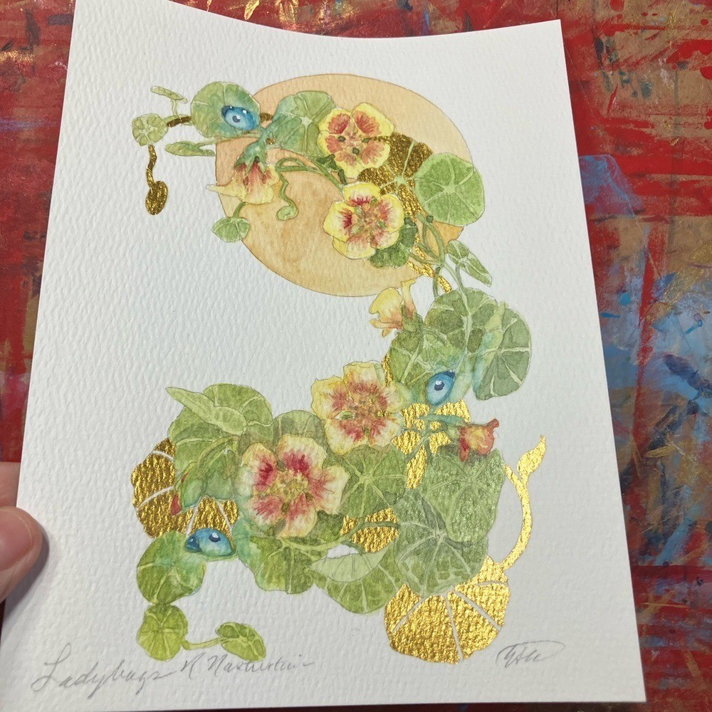 Nasturtium original floral Painting ladybug art gold accents surrealism Ettina