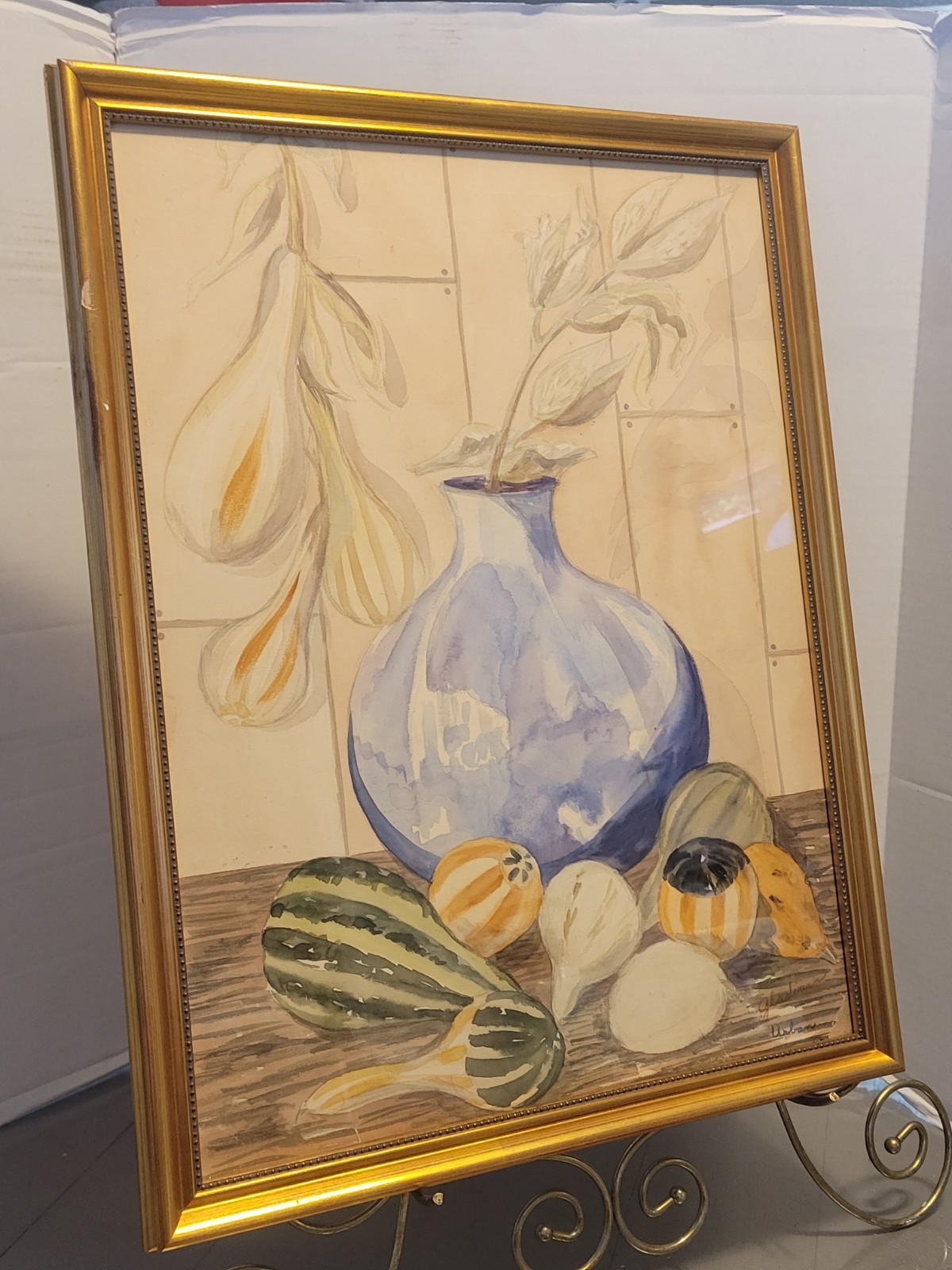 Antique Watercolor Painting Still Life Vase Squash Gourds Signed Framed 1939