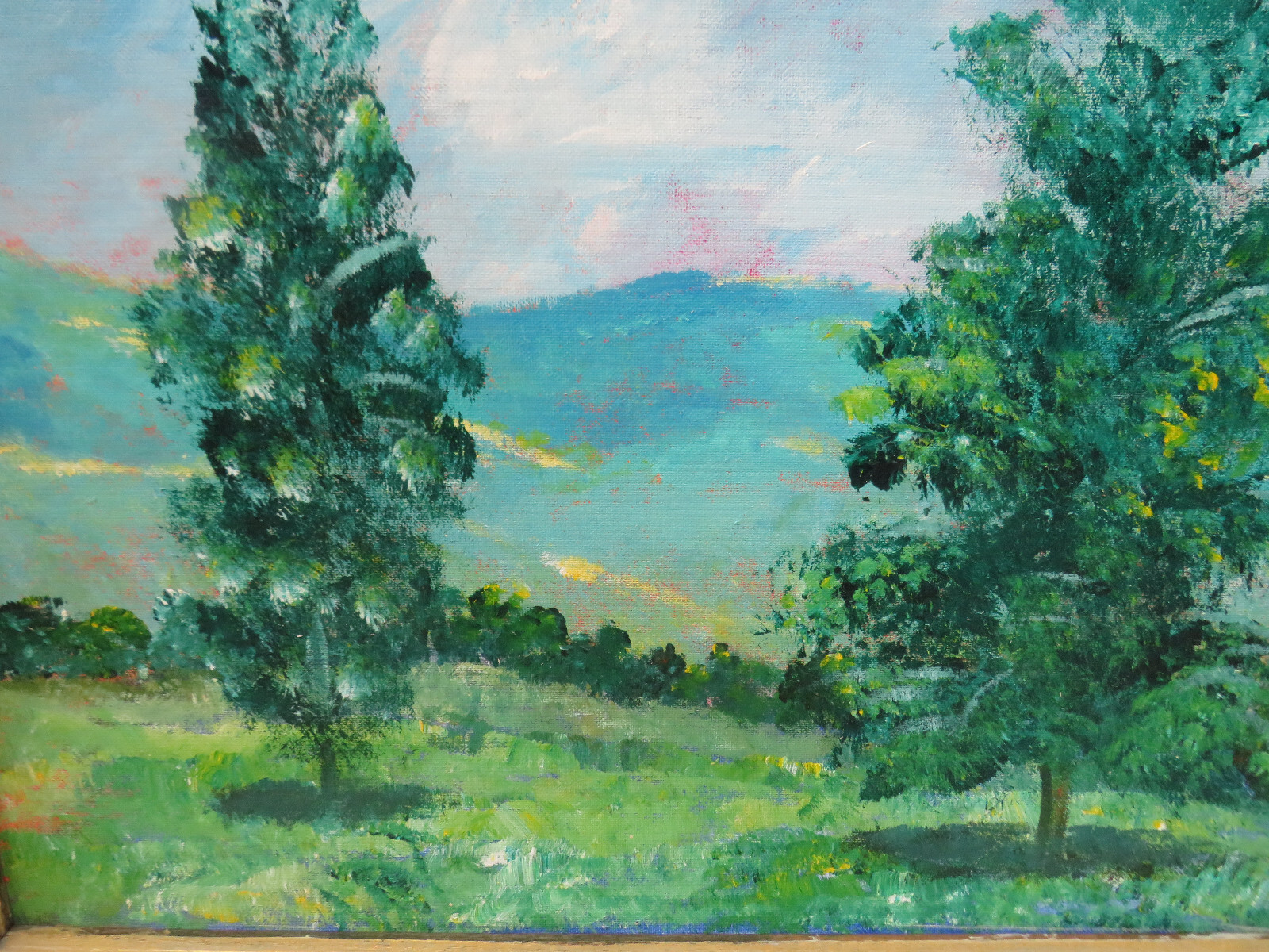 NICE FRAMED OIL ON BOARD LANDSCAPE IN SHADES OF GREEN AND BLUE