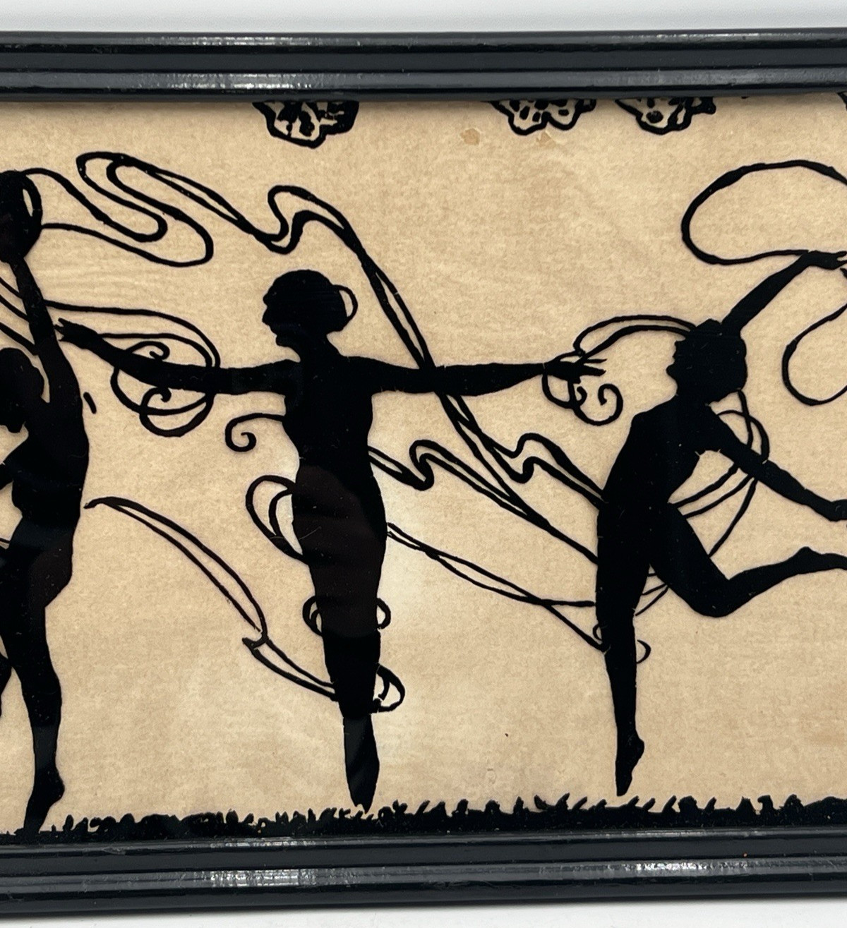REVERSE PAINTED THREE DANCING GIRLS SILHOUETTE 14-3/4″ X 8-1/2″ UNSIGNED