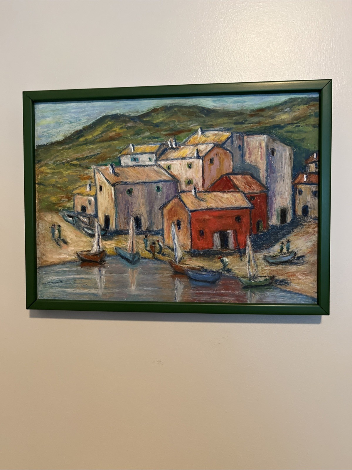 Vintage Original Chalk Drawing -Seaside Village-sailboats-Green Frame-16”x11 3/4