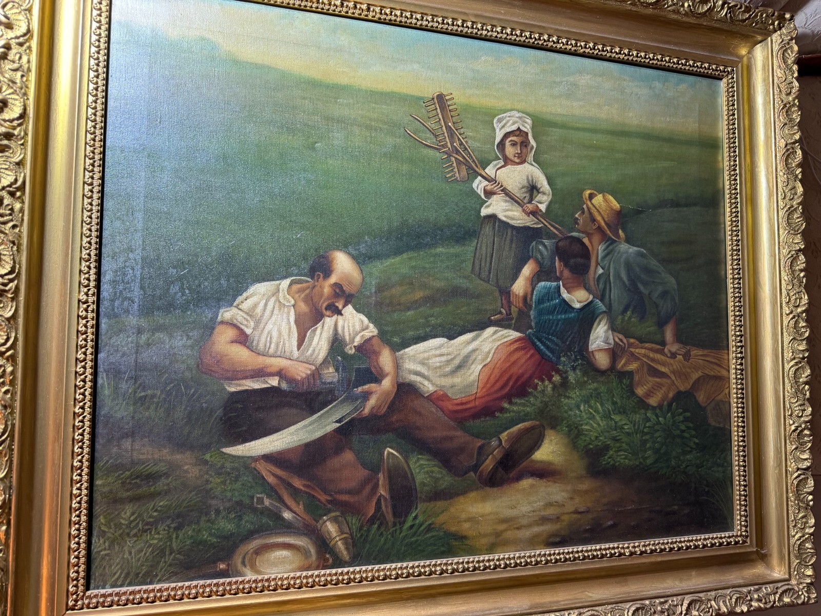 Large Antique European School «Worker Family In Field» Oil Painting – Framed