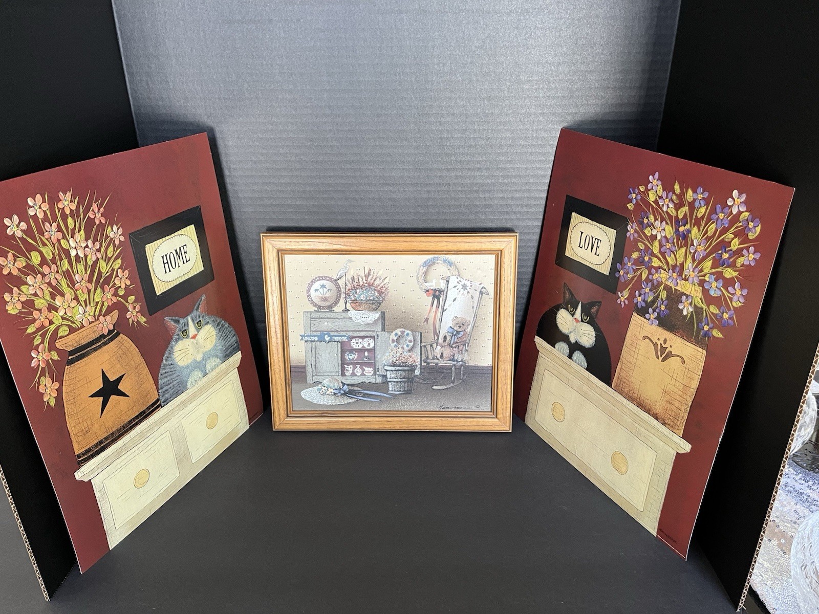 Vintage Hamilton Country Oil Painting Wood Frame Americana Plus 2 Cat Art Prints