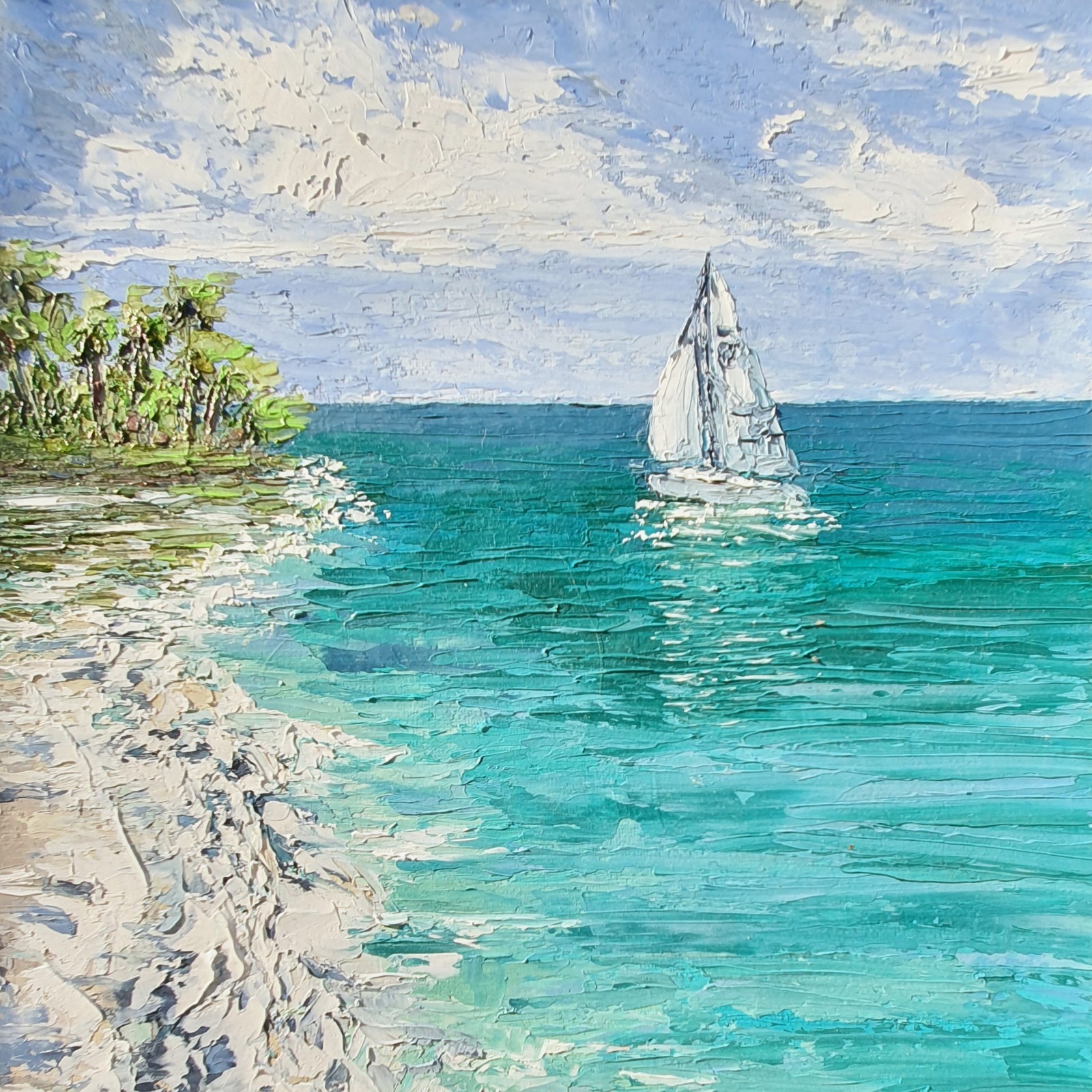 Tropical Island Yacht Painting Palm Trees Ocean Seascape Oil Painting Coastal Wa