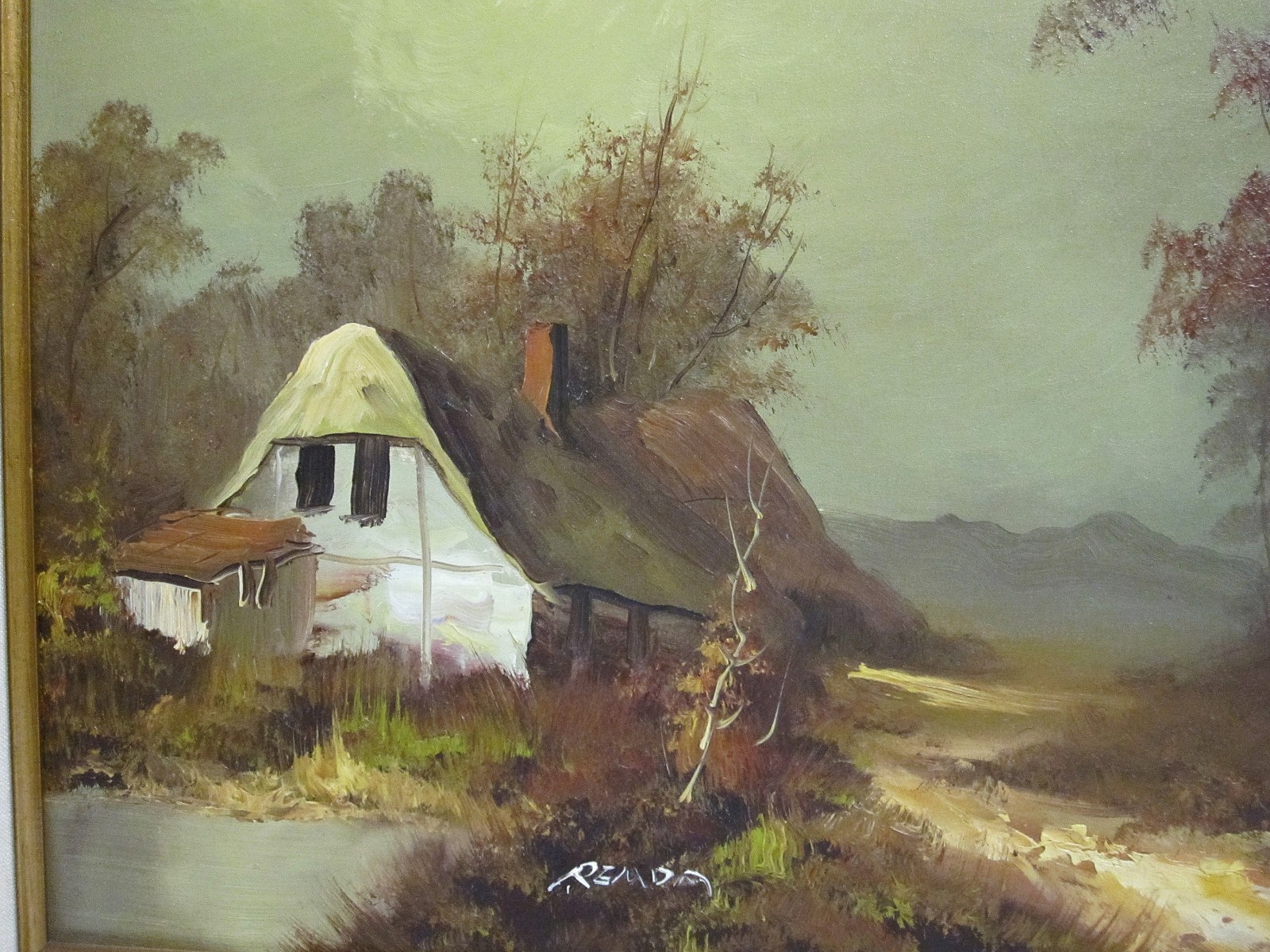 Signed Vintage Oil on Canvas Cottage Landscape Painting Framed 20×16