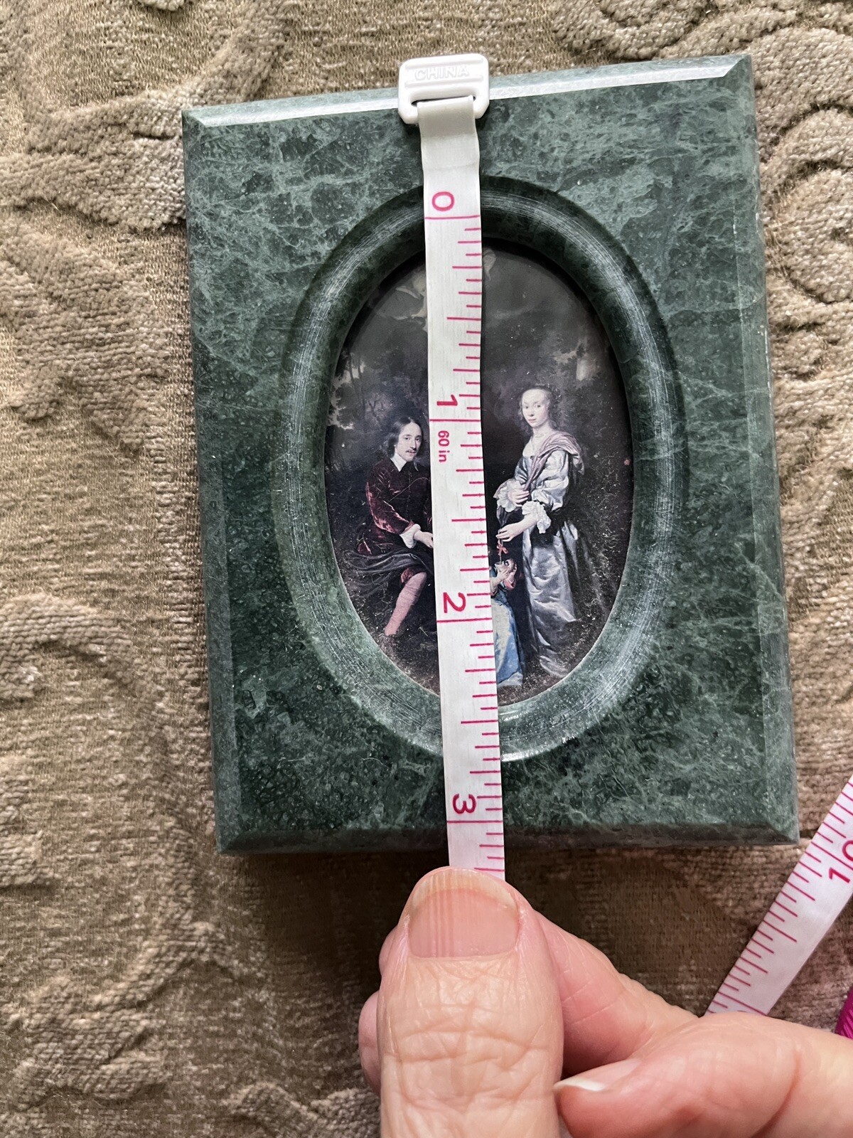 Small Green Marble Miniature Picture Frame Old Masters Print Family, heavy 3×4″
