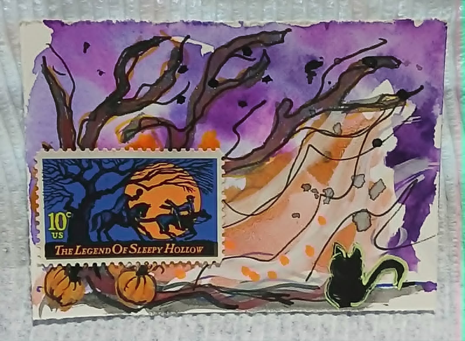 Postal Whimsy OOAK ACEO – Sleepy Hollow 10¢ Stamp Storybook Watercolor Scribble
