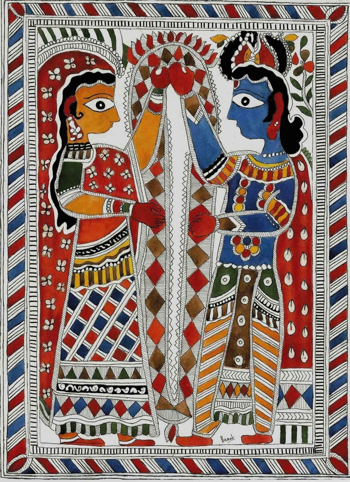 Wedding Garland. Watercolour & Ink. Madhubani Painting. Collectible, Home Decor