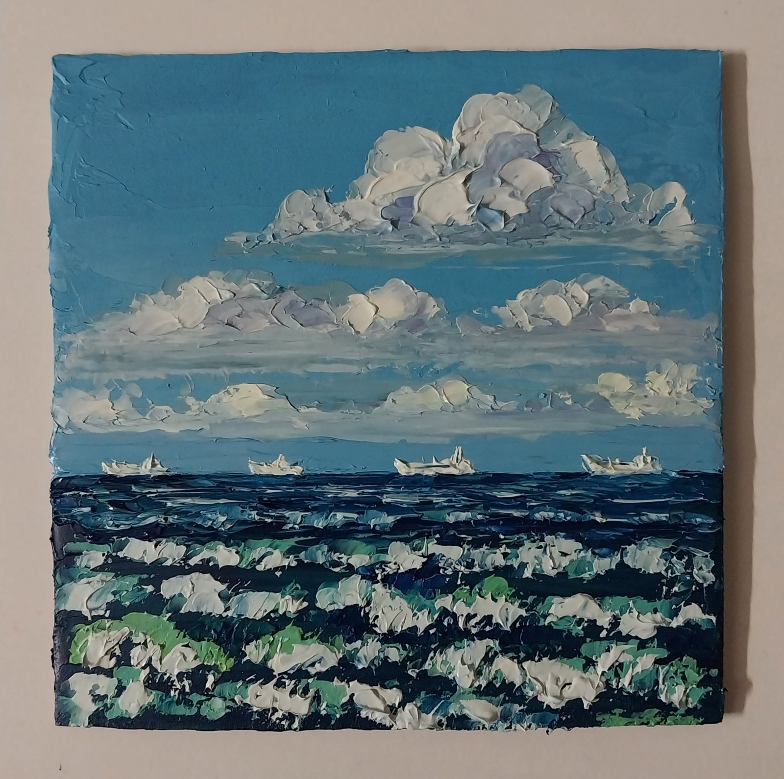 Framed Small Seascape Cloudy Sky Sea Waves Art 4×4 Impasto Oil Painting Original