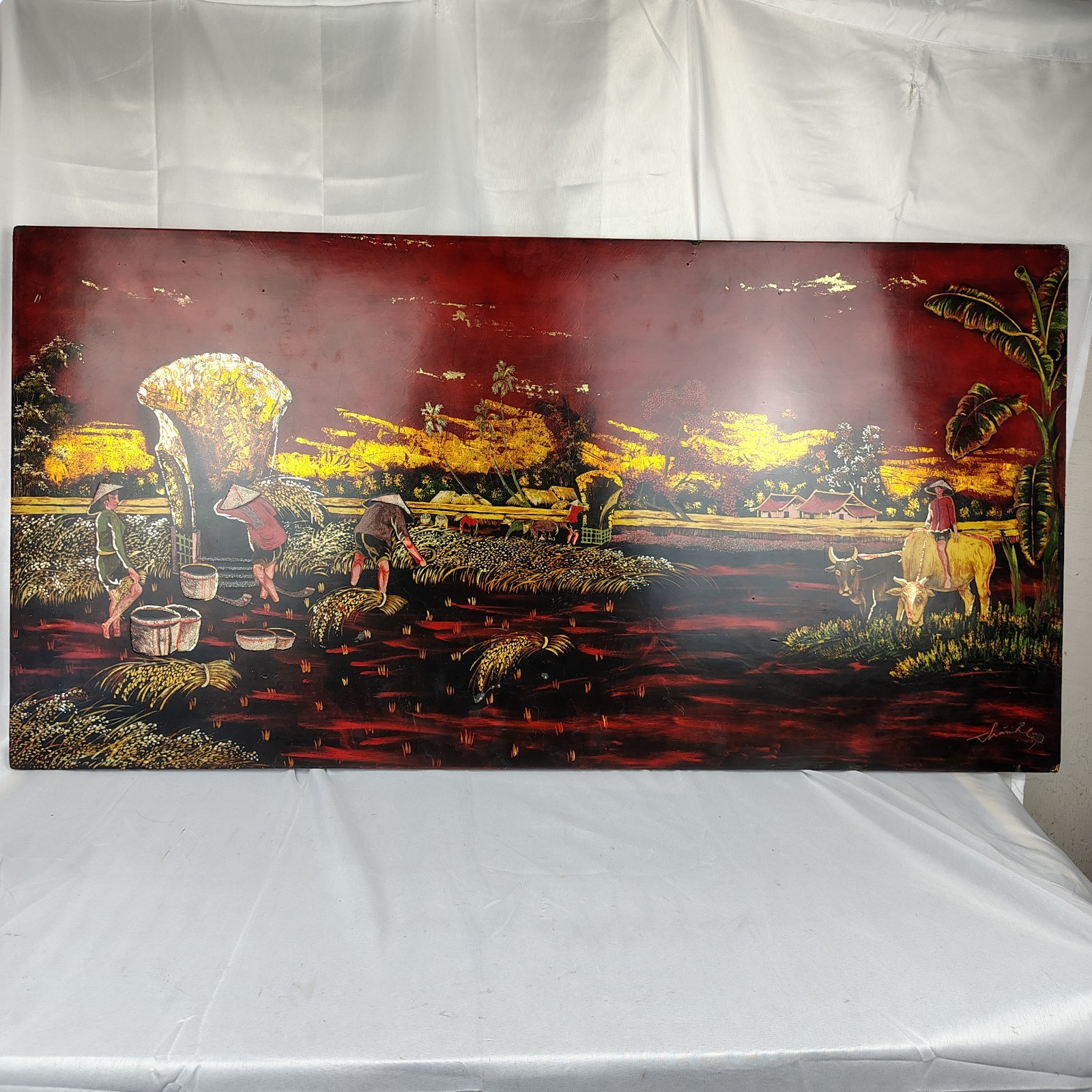 Thanh Ley Studios Painting Wooden Board Lacquer Thai Village Scene