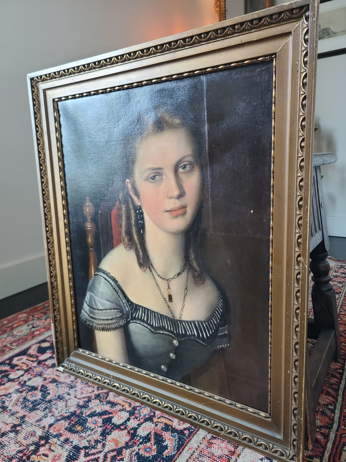 Antique 19th Century Oil Painting Portrait of a Victorian Gothic Young Lady