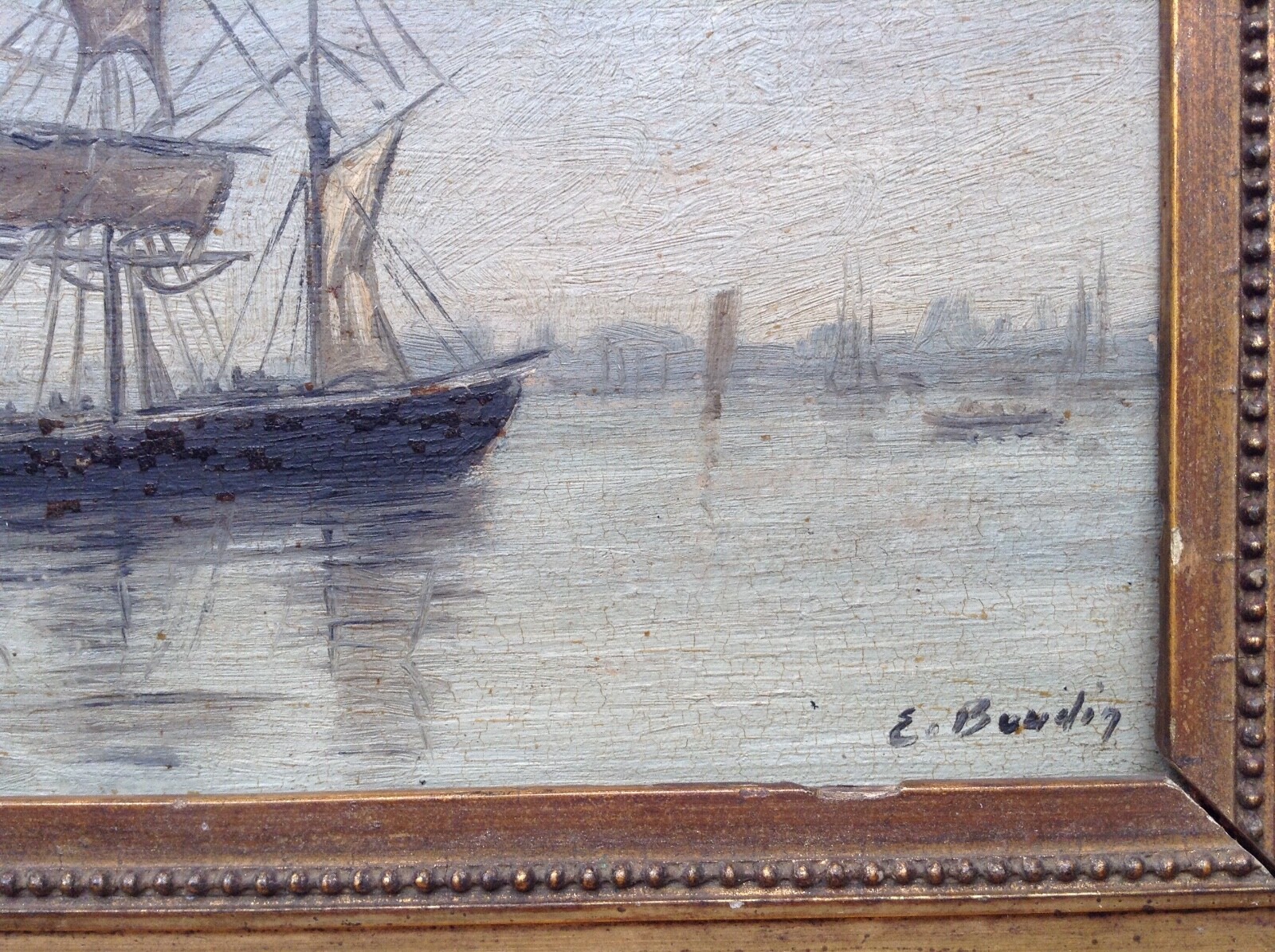 EUGENE BOUDIN SIGNED – 19th CENTURY OIL ON PANEL – THREE-MASTED SHIP IN PORT