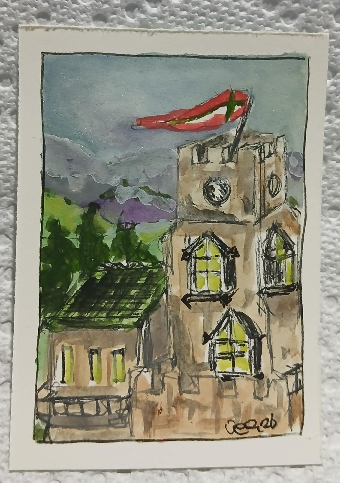Giftable Collectible OOAK Loose Watercolor ACEO Scottish Tower & Rolling Hills
