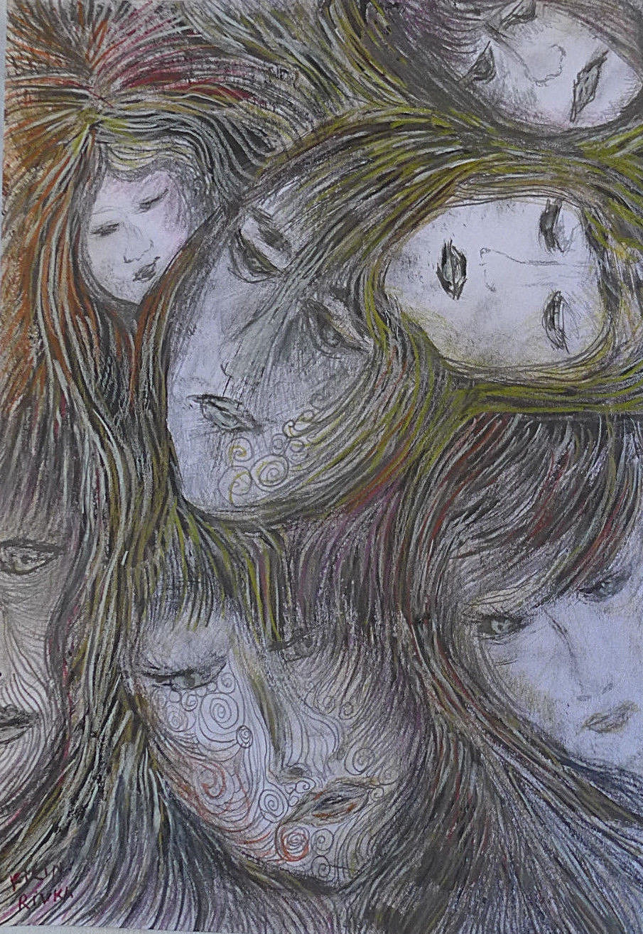 ORIGINAL FEMALE DRAWING 13 X 9 INCH BROWND BLACKS PENCILS BY RIVKA FILIIN