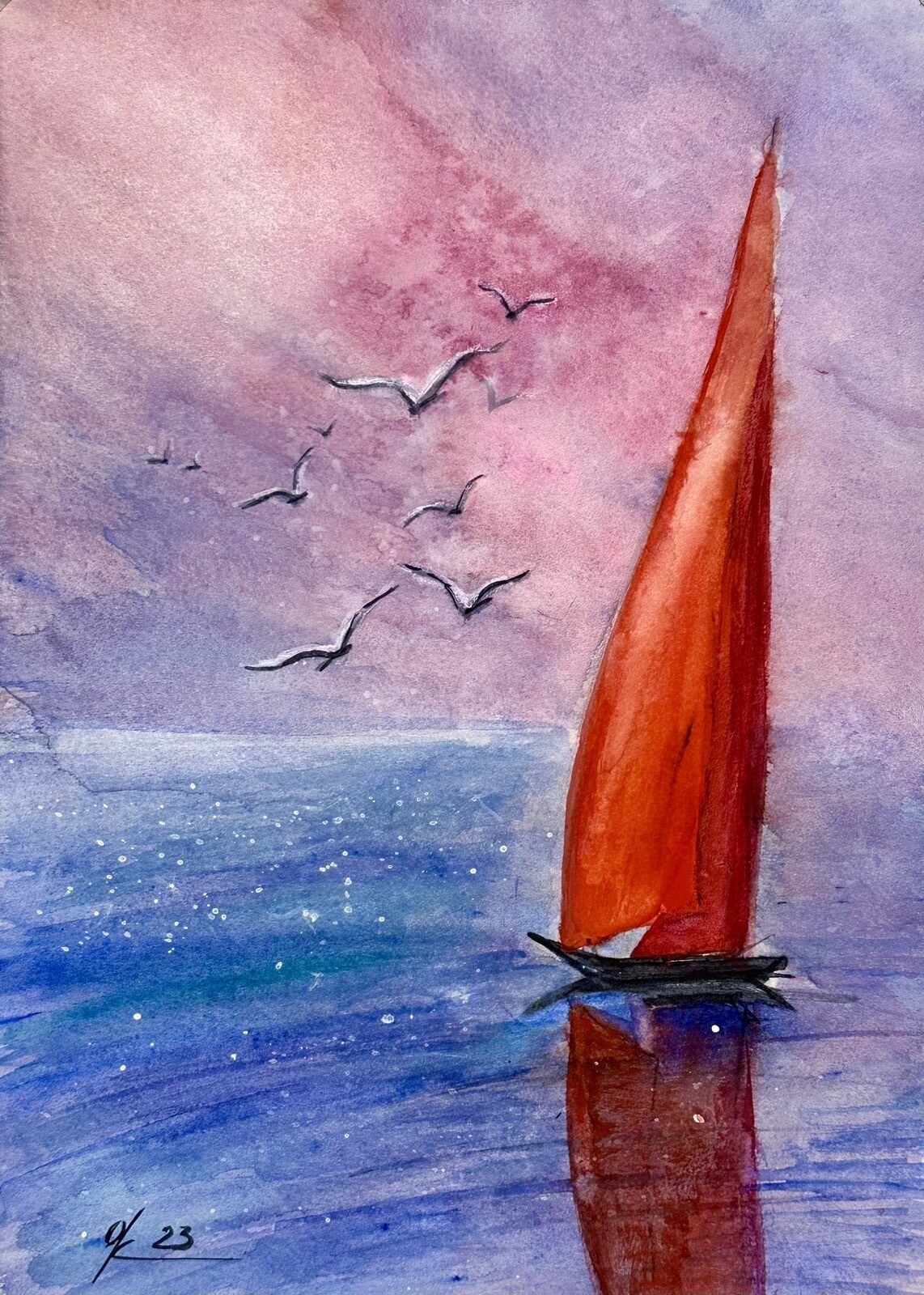 Original Watercolor Painting Seascape yacht with red sails, seagulls On Sunset