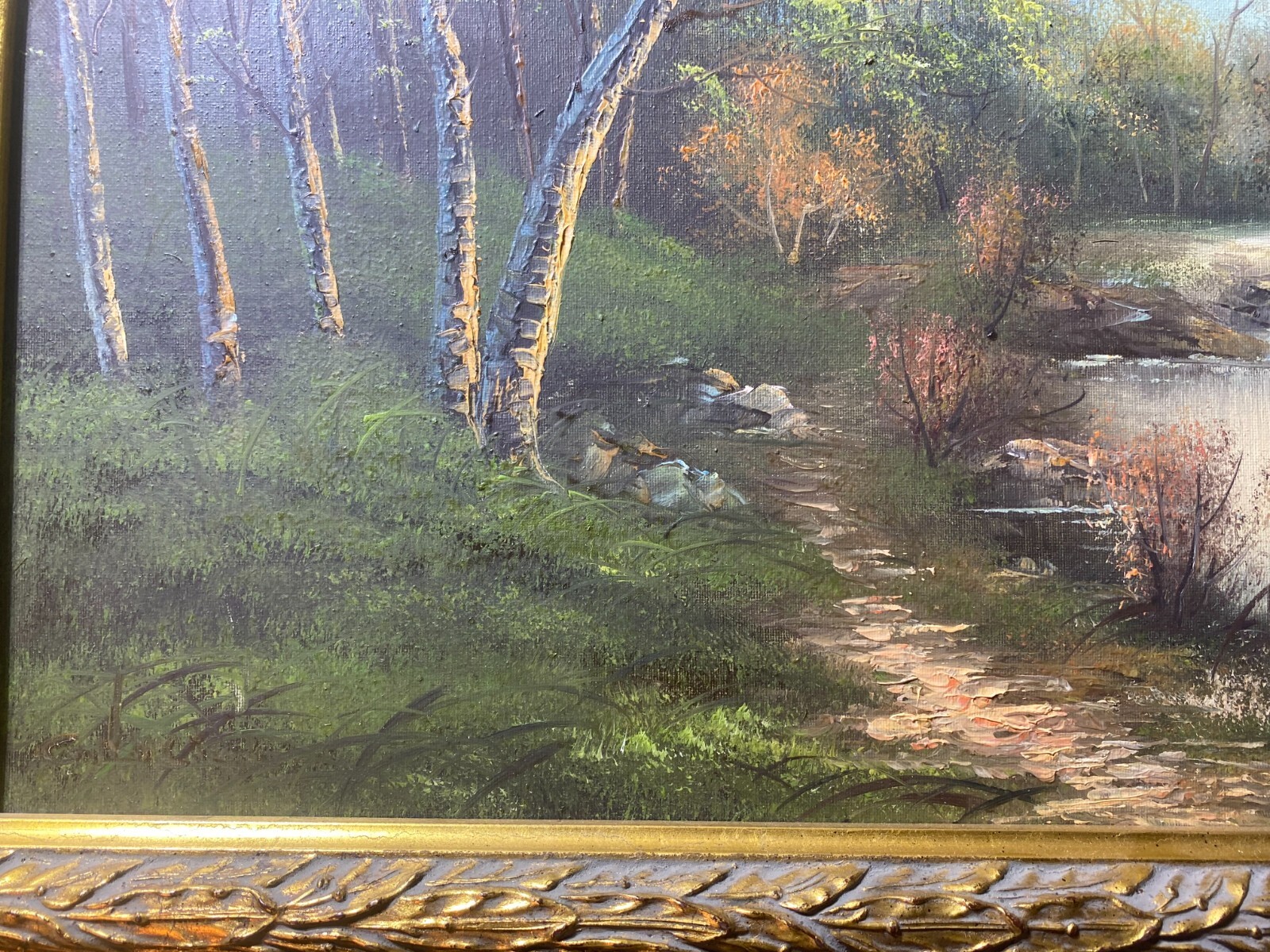 «River And Forest Landscape Scene» Oil On Canvas Painting – Framed