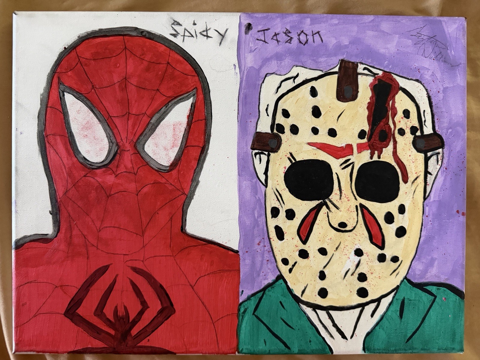 LeCaso Signed Rare Original Canvas Painting Spider-Man & Jason Split Pop Art