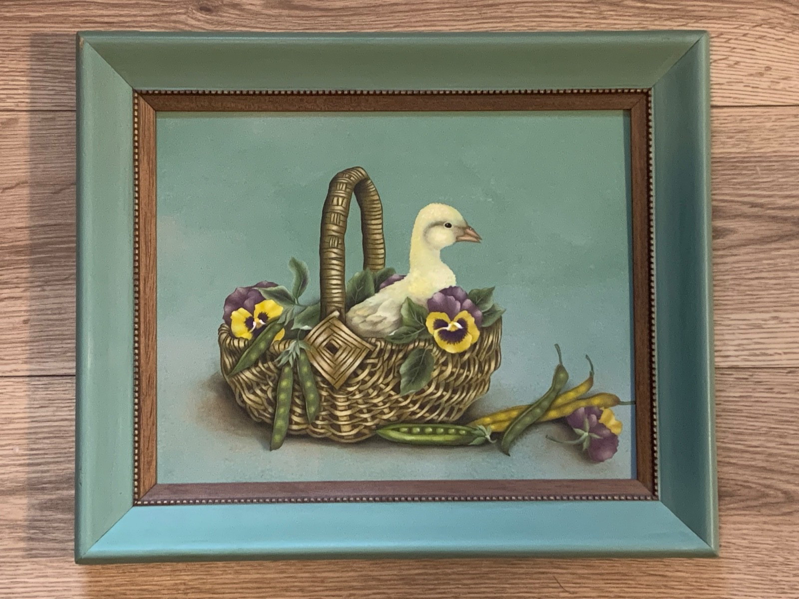 D. Georger Original Still Life Duckling Basket Pansies Oil Painting Framed
