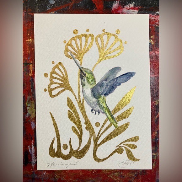 Hummingbird Original painting Bird Art Gold accents watercolor surreal nouveau
