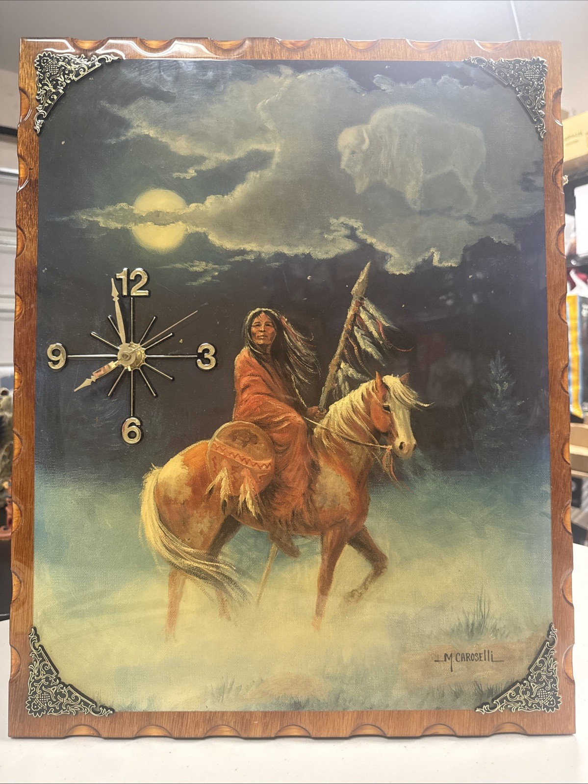 T5- Vintage Wood Wall Art Native American On Horse Old West With Clock