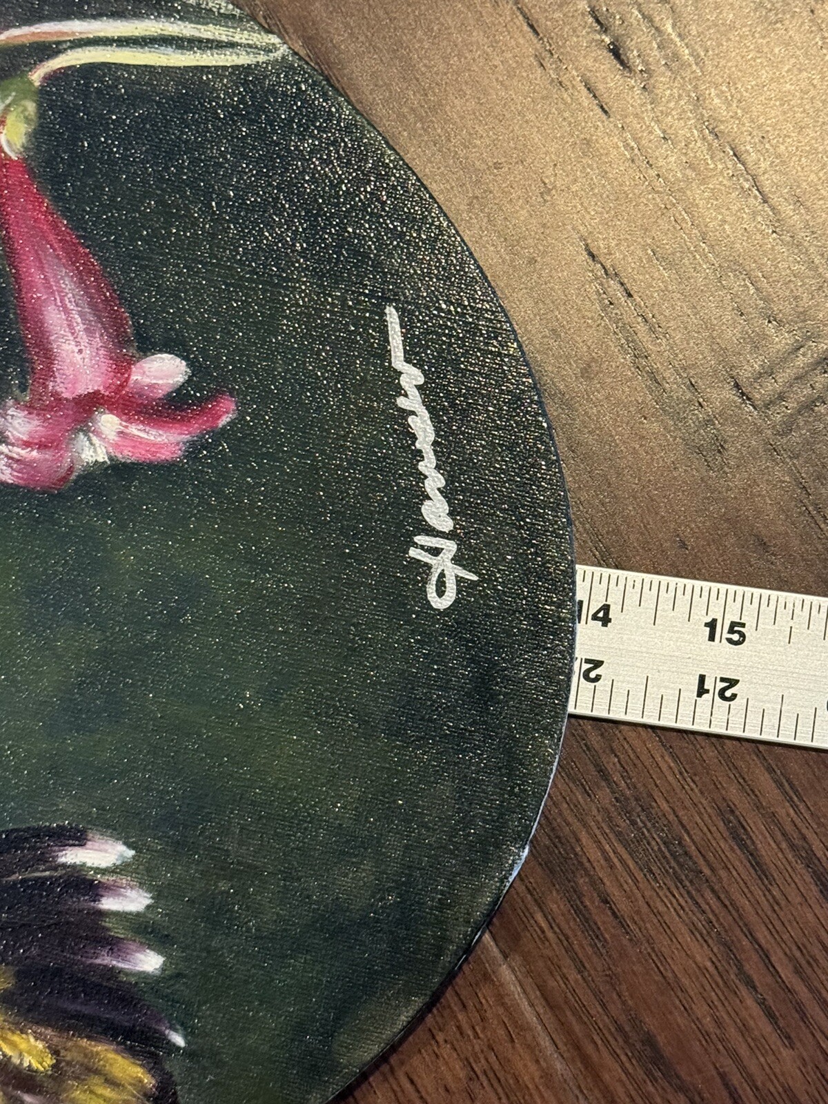 Oval Hummingbird Hovering Over Pink Flowers Painting, Signed, 11”x14”