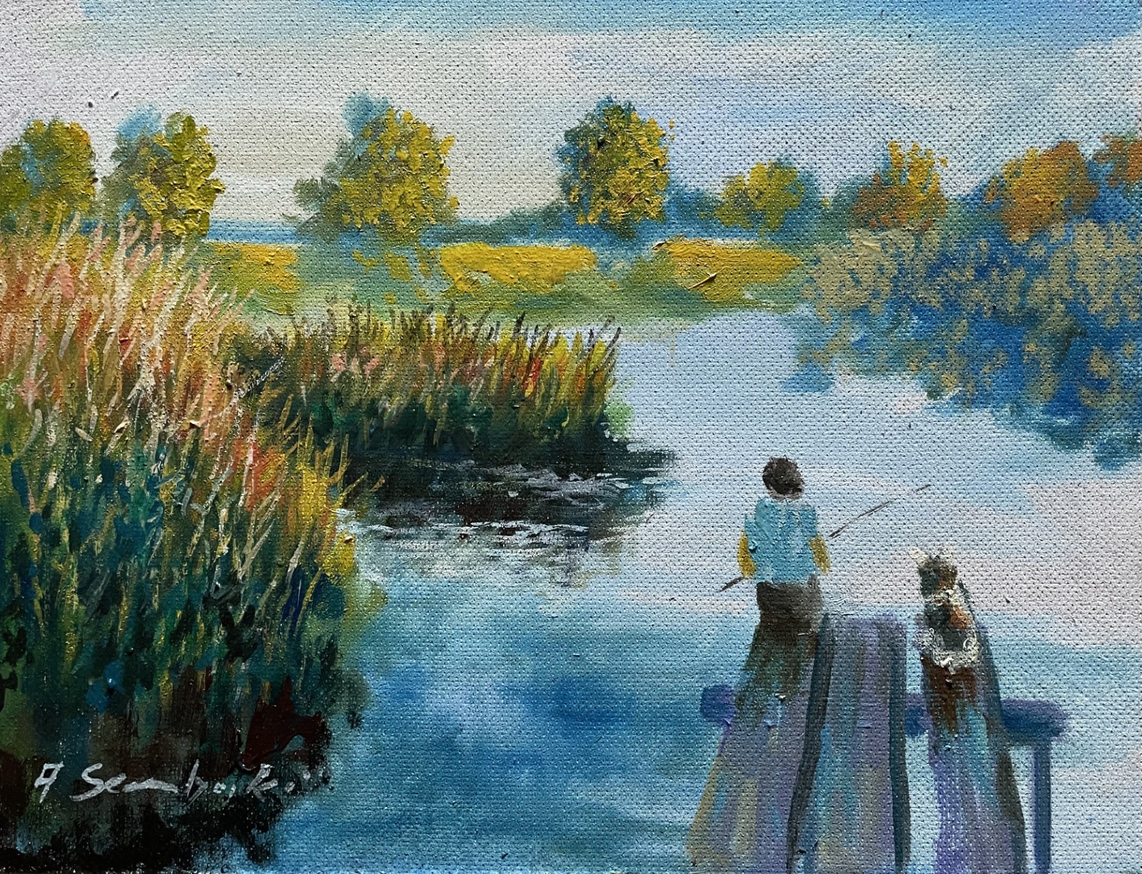 Original Oil Painting River Landscape Fisherman Dock Impressionist Art 12×16