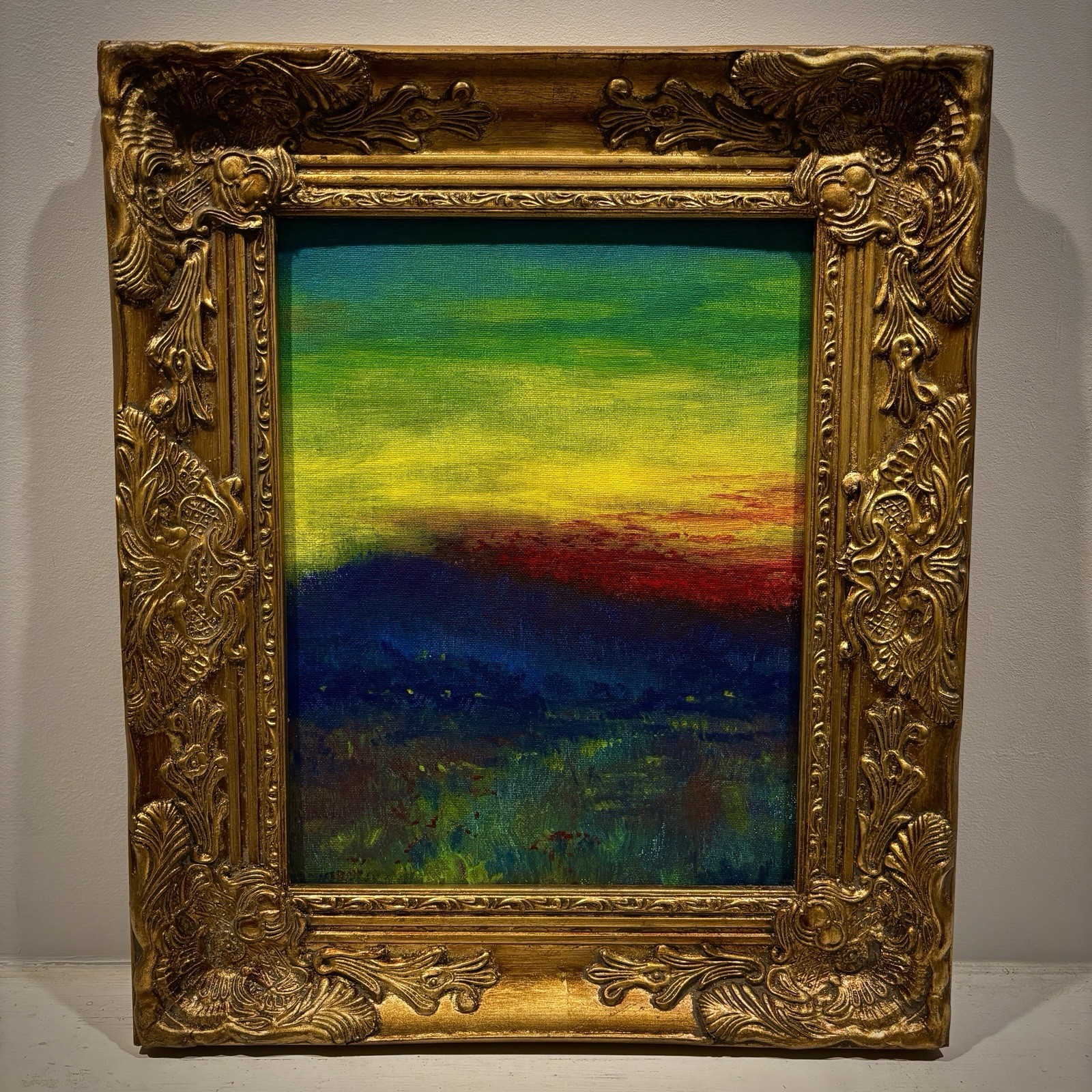 Original Painting Late Sunset Blue Ridge Mountains Abstract Landscape Gold Frame